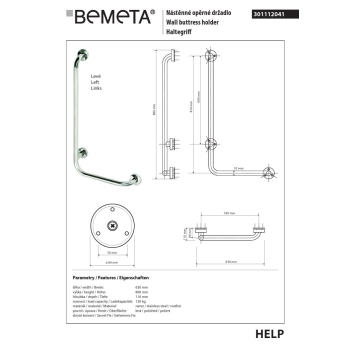 Bemeta HELP Uchwyt ścienny lewy stal nierdzewna 301112041$K