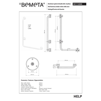 Bemeta HELP Uchwyt ścienny lewy biały z osłoną 301112043$K