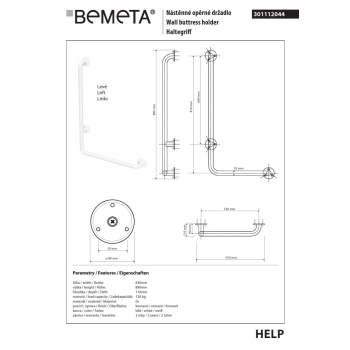 Bemeta HELP Uchwyt ścienny lewy biały 301112044$K