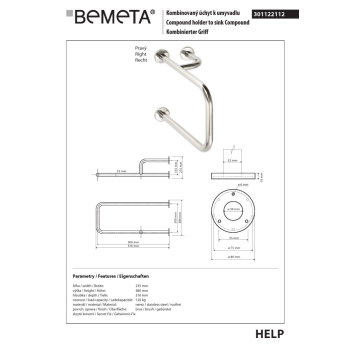 Bemeta HELP Uchwyt kombinowany do umywalki prawy matowy 301122112