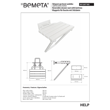 Bemeta HELP Siedzisko prysznicowe składane z nogami i osłoną białe 301207183$K
