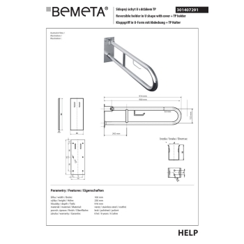 Bemeta HELP Składany uchwyt w kształcie litery U z uchwytem do TP 900 mm stal nierdzewna z pokrywą 301407291$K