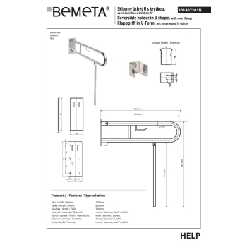 Bemeta HELP Uchwyt składany w kształcie litery U 750 mm stal nierdzewna błyszcząca z pokrywą uchwytem TP i nogą wspierającą 301407301N$K