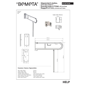 Bemeta HELP Uchwyt składany w kształcie litery U 750 mm matowy z osłoną uchwytem TP i nogą wspierającą 301407302N$K