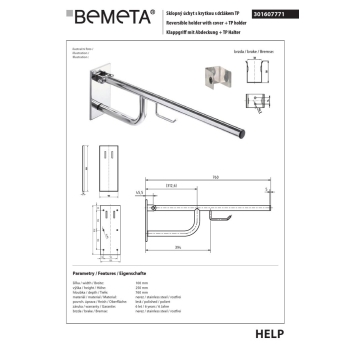 Bemeta HELP Składany uchwyt ze stali nierdzewnej z pokrywą i uchwytem TP 760mm 301607771$K