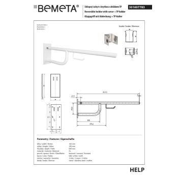 Bemeta HELP Uchwyt składany biały 850mm z osłoną i uchwytem TP 301607783$K