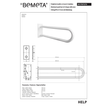 Bemeta HELP Uchwyt w kształcie litery U 600 mm biały z osłoną 301707273$K