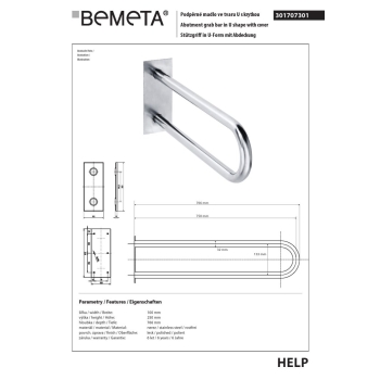 Bemeta HELP Uchwyt pomocniczy w kształcie litery U 750 mm stal nierdzewna z osłoną 301707301$K