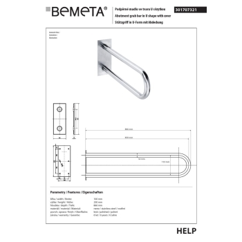 Bemeta HELP Uchwyt w kształcie litery U 850 mm stal nierdzewna z pokrywą 301707321$K