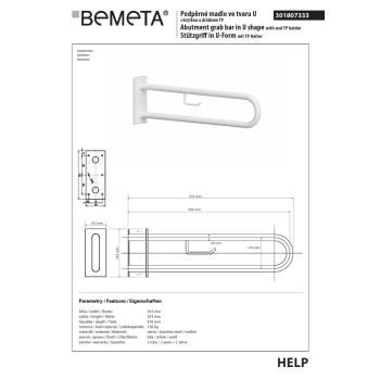 Bemeta HELP Uchwyt w kształcie litery U 900 mm biały z pokrywą i uchwytem TP 301807333$K