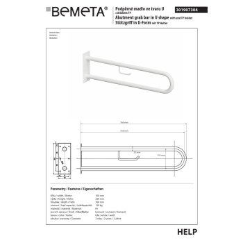 Bemeta HELP Uchwyt w kształcie litery U 750 mm biały z uchwytem TP 301907304$K