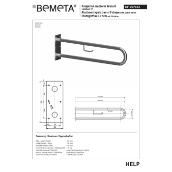 Bemeta HELP Uchwyt w kształcie litery U 900 mm stal nierdzewna szlifowana z uchwytem TP 301907332$K