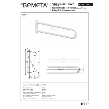 Bemeta HELP Uchwyt w kształcie litery U 900 mm biały z uchwytem TP 301907334$K