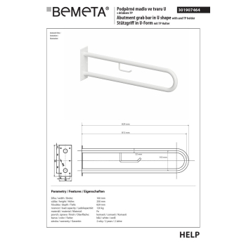 Bemeta HELP Uchwyt w kształcie litery U 813 mm biały z uchwytem TP 301907464$K