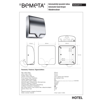 Bemeta Automatyczna suszarka do rąk-1000W stal nierdzewna błyszcząca z filtrem HEPA 924224111