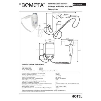 Bemeta suszarka do włosów do montażu naściennego 1400W 945233054