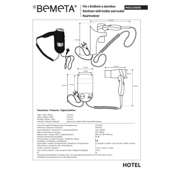 Bemeta suszarka do włosów do montażu naściennego 1400W 945233058