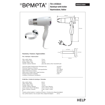 Bemeta suszarka do włosów 1400W biała zestaw z uchwytem omega 999433084