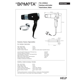 Bemeta suszarka do włosów 1400W czarna zestaw z uchwytem omega 999433088