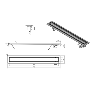 Aqualine PAVINO odpływ liniowy pod płytki 760x140x92 mm stal nierdzewna 2710-80