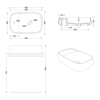Sapho AVENTIN umywalka ceramiczna 60x40 cm z korkiem ceramicznym VN060