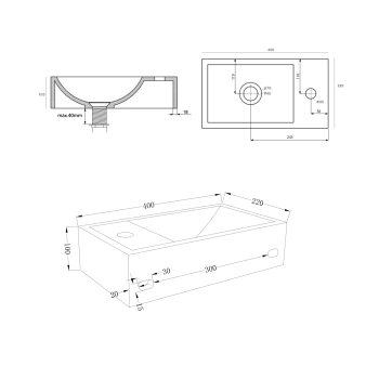 Sapho CREST R umywalka betonowa z korkiem 40x22 cm czarny granit AR409