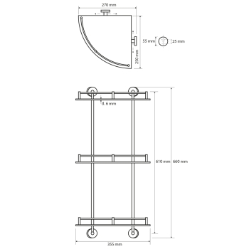 Sapho X-ROUND E półka szklana narożna z relingiem 270x670x270mm chrom XR606